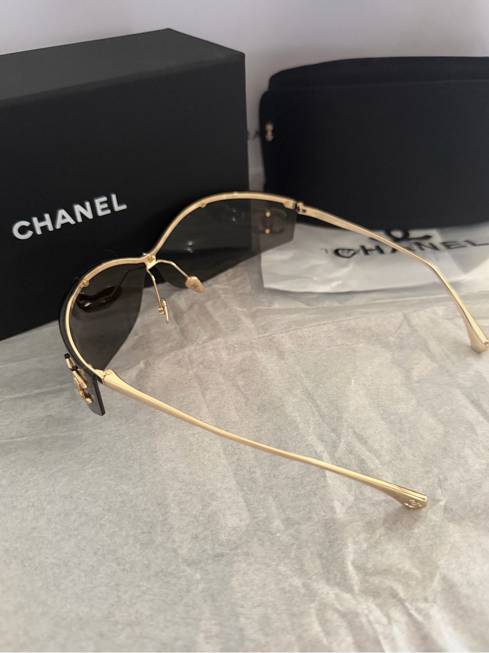$950 Authentic CHANEL Gray Shield Sunglasses with Gold - Picture 8 of 12